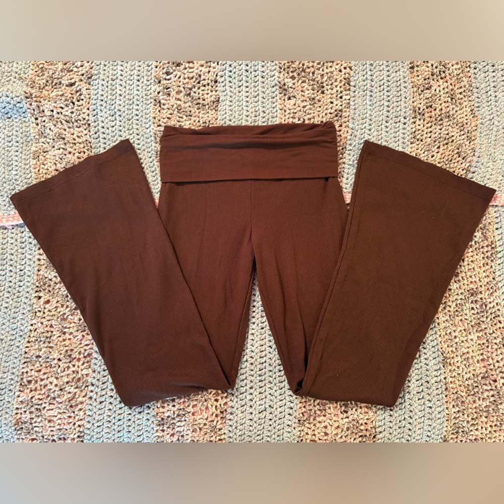 Brown Waffle Knit Fold-Over Flare Pants